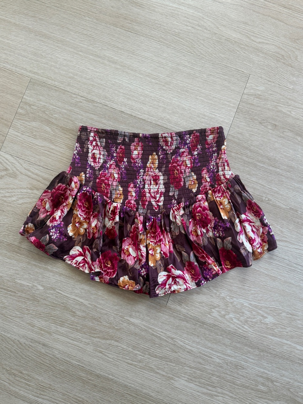 Majorelle Sz Small Mini Skirt Burgundy Pink Floral Satin High-waisted Smocked